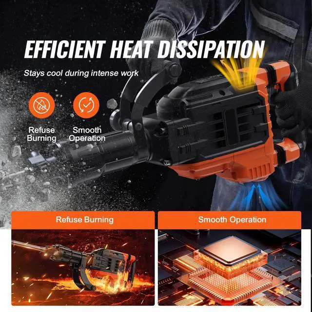 Alt view image 6 of 7 - VEVOR Demolition Jack Hammer, 3500W Jack Hammer Concrete Breaker, 2pcs Chisel with Gloves & 360°C Swiveling Front Handle for Trenching, 1900 BPM Heavy Duty Electric Jack Hammer, Black