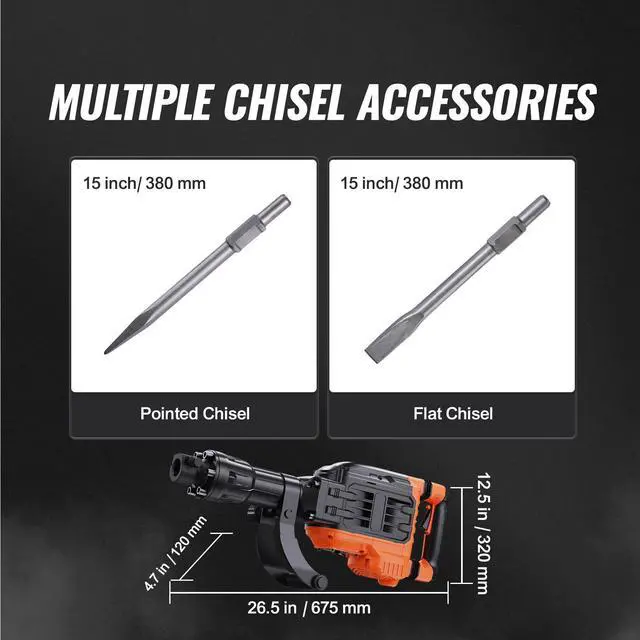 Alt view image 7 of 7 - VEVOR Demolition Jack Hammer, 3500W Jack Hammer Concrete Breaker, 2pcs Chisel with Gloves & 360°C Swiveling Front Handle for Trenching, 1900 BPM Heavy Duty Electric Jack Hammer, Black