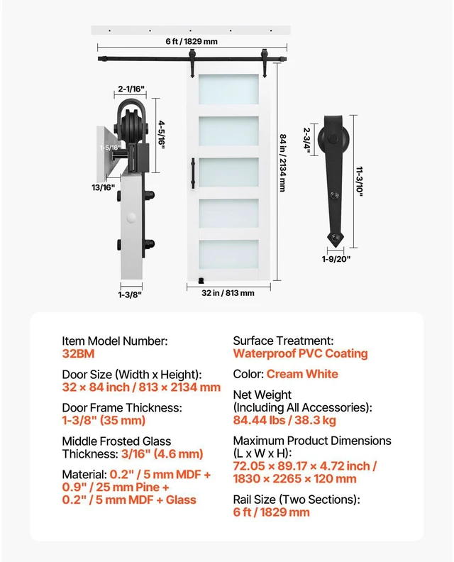 Alt view image 8 of 8 - VEVOR Sliding Barn Door with Hardware Kit 32 x 84 inch MDF Panel Frosted Glass