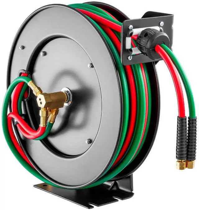 Main image of Retractable Welding Hose Reel, 1/4-Inch x 50FT Twin Oxygen Acetylene Rubber Hose Max 300PSI - T Grade, Ceiling/Wall Mount Heavy Duty Steel Hose Reel Auto-Rewind, Ideal for Workshops Garages
