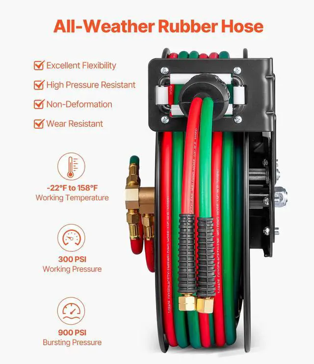 Alt view image 4 of 7 - Retractable Welding Hose Reel, 1/4-Inch x 50FT Twin Oxygen Acetylene Rubber Hose Max 300PSI - T Grade, Ceiling/Wall Mount Heavy Duty Steel Hose Reel Auto-Rewind, Ideal for Workshops Garages