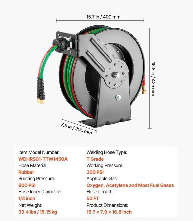 Alt view image 7 of 7 - Retractable Welding Hose Reel, 1/4-Inch x 50FT Twin Oxygen Acetylene Rubber Hose Max 300PSI - T Grade, Ceiling/Wall Mount Heavy Duty Steel Hose Reel Auto-Rewind, Ideal for Workshops Garages
