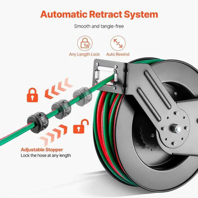 Alt view image 3 of 7 - Retractable Welding Hose Reel, 1/4-Inch x 50FT Twin Oxygen Acetylene Rubber Hose Max 300PSI - T Grade, Ceiling/Wall Mount Heavy Duty Steel Hose Reel Auto-Rewind, Ideal for Workshops Garages