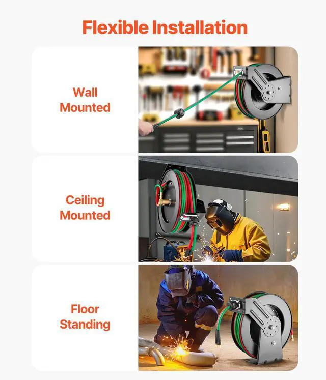 Alt view image 6 of 7 - Retractable Welding Hose Reel, 1/4-Inch x 50FT Twin Oxygen Acetylene Rubber Hose Max 300PSI - T Grade, Ceiling/Wall Mount Heavy Duty Steel Hose Reel Auto-Rewind, Ideal for Workshops Garages