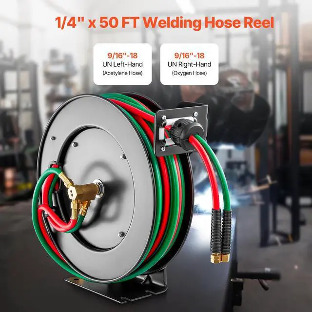 Alt view image 2 of 7 - Retractable Welding Hose Reel, 1/4-Inch x 50FT Twin Oxygen Acetylene Rubber Hose Max 300PSI - R Grade, Ceiling/Wall Mount Heavy Duty Steel Hose Reel Auto-Rewind, Ideal for Workshops Garages