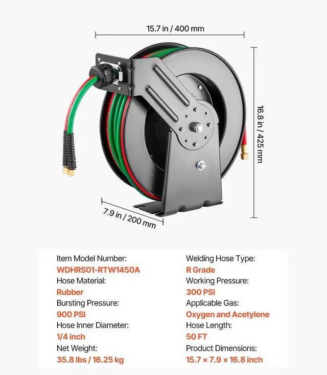 Alt view image 7 of 7 - Retractable Welding Hose Reel, 1/4-Inch x 50FT Twin Oxygen Acetylene Rubber Hose Max 300PSI - R Grade, Ceiling/Wall Mount Heavy Duty Steel Hose Reel Auto-Rewind, Ideal for Workshops Garages