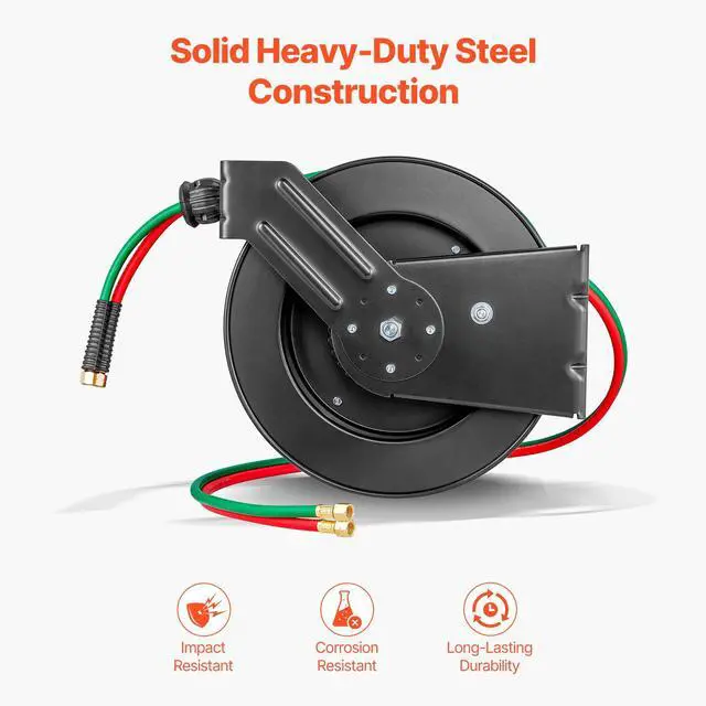 Alt view image 5 of 7 - Retractable Welding Hose Reel, 1/4-Inch x 50FT Twin Oxygen Acetylene Rubber Hose Max 300PSI - R Grade, Ceiling/Wall Mount Heavy Duty Steel Hose Reel Auto-Rewind, Ideal for Workshops Garages