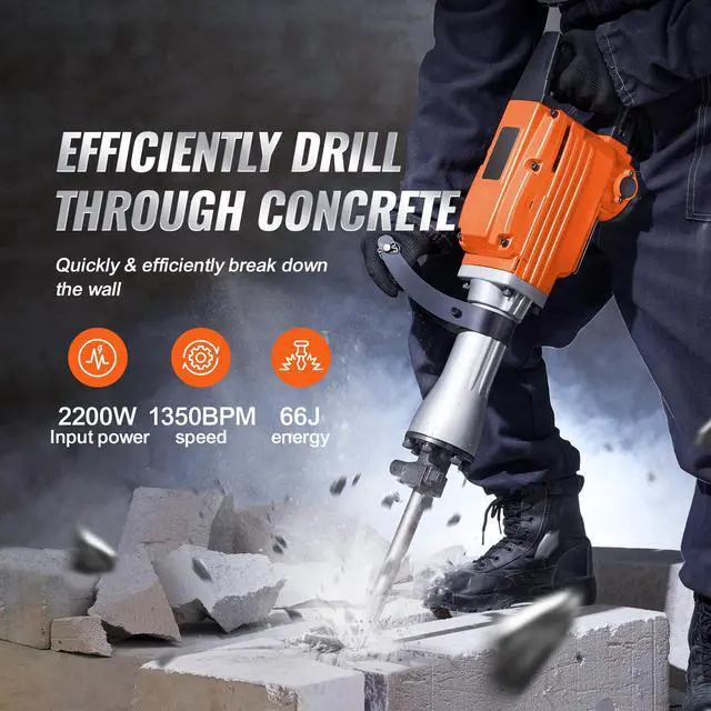 Alt view image 2 of 7 - VEVOR Demolition Jack Hammer Concrete Breaker 2200W Electric Hammer 6 Chisel Bits