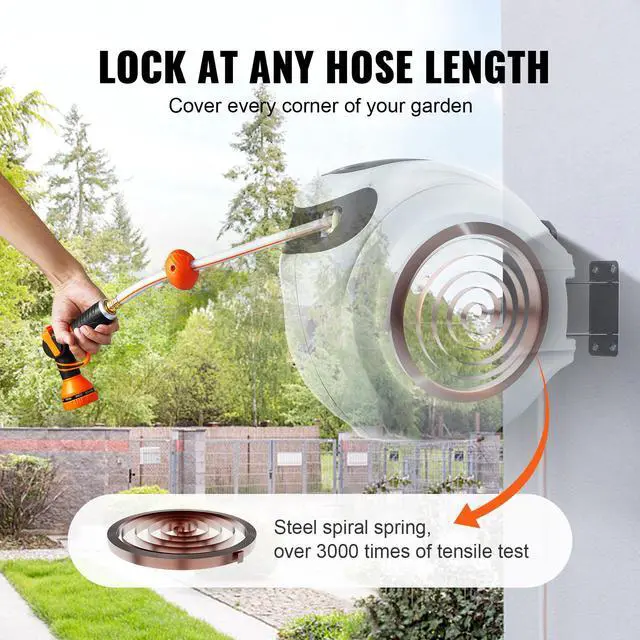 Alt view image 4 of 7 - Retractable Hose Reel, 130 ft x 1/2 inch, 180° Swivel Bracket Wall-Mounted, Garden Water Hose Reel with 9-Pattern Nozzle, Automatic Rewind, Lock at Any Length, and Slow Return System