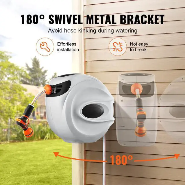 Alt view image 3 of 7 - Retractable Hose Reel, 130 ft x 1/2 inch, 180° Swivel Bracket Wall-Mounted, Garden Water Hose Reel with 9-Pattern Nozzle, Automatic Rewind, Lock at Any Length, and Slow Return System
