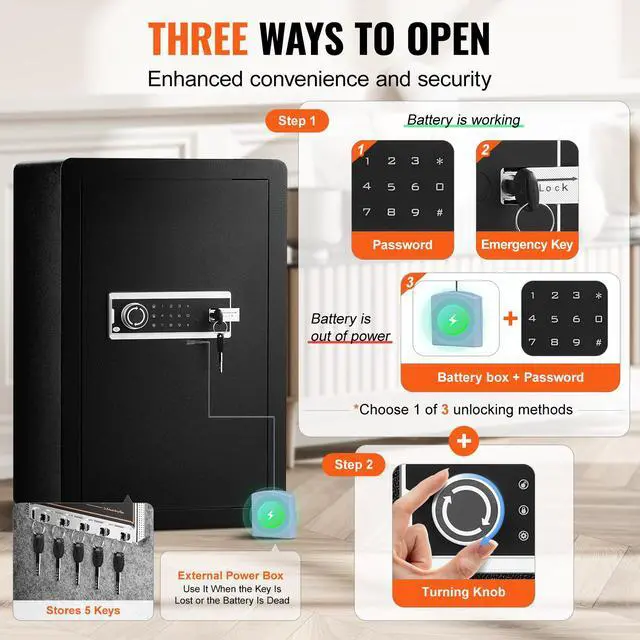 Alt view image 3 of 7 - Single Door 3.5 cu.ft Safe Box with Key Lock & Password, Safe Lock Box with Fireproof Bag, Key Rack, LED Light, and 2 Shelves for Money, Documents, Jewelry, and Valuables, Black