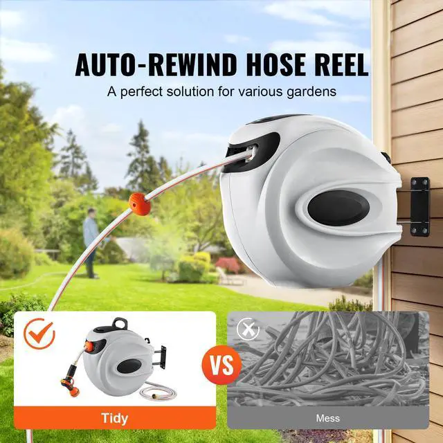 Alt view image 2 of 7 - Retractable Hose Reel, 130 ft x 1/2 inch, 180° Swivel Bracket Wall-Mounted, Garden Water Hose Reel with 9-Pattern Nozzle, Automatic Rewind, Lock at Any Length, and Slow Return System