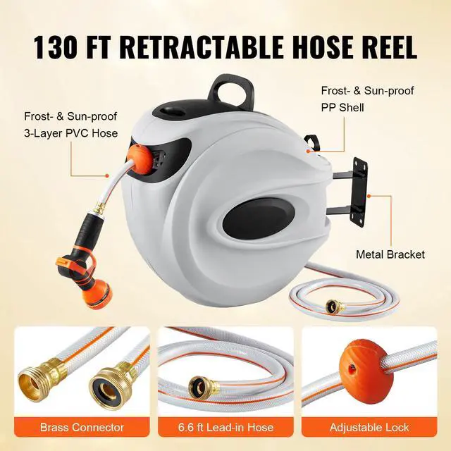 Alt view image 6 of 7 - Retractable Hose Reel, 130 ft x 1/2 inch, 180° Swivel Bracket Wall-Mounted, Garden Water Hose Reel with 9-Pattern Nozzle, Automatic Rewind, Lock at Any Length, and Slow Return System