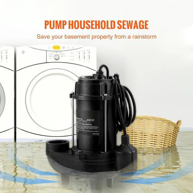 Alt view image 2 of 7 - Submersible Sewage Pump, 3/4 HP, 5880 GPH, 1050W, Durable Cast Iron, Includes 2" Outlet and 10 ft Piggy-back Float Switch, Ideal for Septic Tanks, Basements
