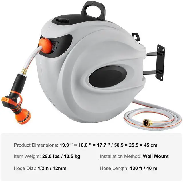 Alt view image 7 of 7 - Retractable Hose Reel, 130 ft x 1/2 inch, 180° Swivel Bracket Wall-Mounted, Garden Water Hose Reel with 9-Pattern Nozzle, Automatic Rewind, Lock at Any Length, and Slow Return System
