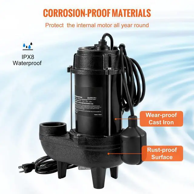 Alt view image 4 of 7 - Submersible Sewage Pump, 3/4 HP, 5880 GPH, 1050W, Durable Cast Iron, Includes 2" Outlet and 10 ft Piggy-back Float Switch, Ideal for Septic Tanks, Basements