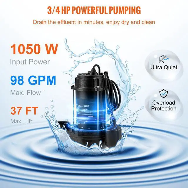Alt view image 3 of 7 - Submersible Sewage Pump, 3/4 HP, 5880 GPH, 1050W, Durable Cast Iron, Includes 2" Outlet and 10 ft Piggy-back Float Switch, Ideal for Septic Tanks, Basements