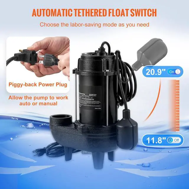 Alt view image 5 of 7 - Submersible Sewage Pump, 3/4 HP, 5880 GPH, 1050W, Durable Cast Iron, Includes 2" Outlet and 10 ft Piggy-back Float Switch, Ideal for Septic Tanks, Basements
