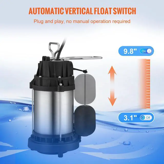 Alt view image 5 of 7 - Sump Pump, 1/2 HP 3960 GPH, Submersible Stainless Steel Water Pump, 1-1/2" NPT Discharge With 33 ft Cord, Automatic Float Switch with Piggy-back Plug, for Indoor Basement Water Basin
