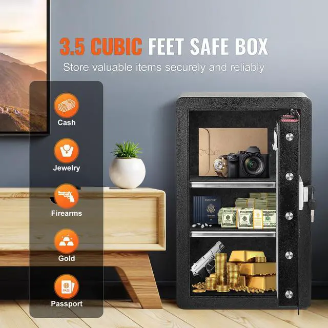 Alt view image 2 of 7 - Single Door 3.5 cu.ft Safe Box with Key Lock & Password, Safe Lock Box with Fireproof Bag, Key Rack, LED Light, and 2 Shelves for Money, Documents, Jewelry, and Valuables, Black