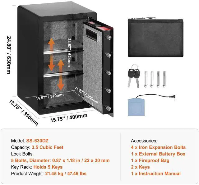 Alt view image 7 of 7 - Single Door 3.5 cu.ft Safe Box with Key Lock & Password, Safe Lock Box with Fireproof Bag, Key Rack, LED Light, and 2 Shelves for Money, Documents, Jewelry, and Valuables, Black