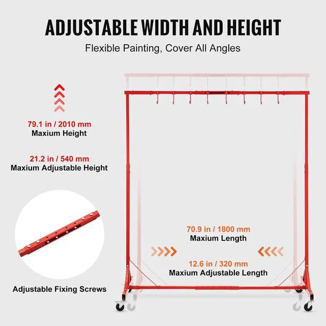 Alt view image 3 of 7 - Painting Rack, 1500 -2000 mm Adjustable Height, 66 lbs Capacity Automotive Paint Rack Stand, 8 Hooks Painting Drying Rack with 4 Swiveling Wheels, Auto Body Stand for Auto Repair Shops & Garage