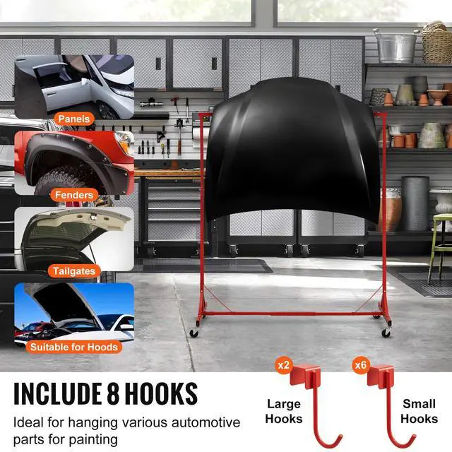 Alt view image 2 of 7 - Painting Rack, 1500 -2000 mm Adjustable Height, 66 lbs Capacity Automotive Paint Rack Stand, 8 Hooks Painting Drying Rack with 4 Swiveling Wheels, Auto Body Stand for Auto Repair Shops & Garage