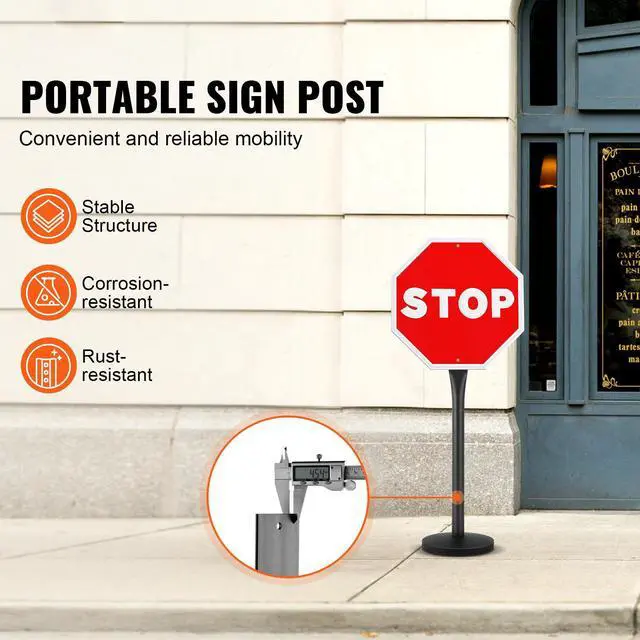 Alt view image 2 of 7 - Cast Iron Sign Post, 4 ft Portable Heavy Duty Steel Post Sign Holder with Hard Plastic Base & Wheels, U-Channel Sign Stand for Garden, Courtyard, Farm or Traffic Intersection, Black