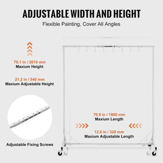 Alt view image 3 of 7 - Painting Rack, 5 ft-7 ft Adjustable Height, 66 lbs Capacity Automotive Paint Rack Stand, 8 Hooks Painting Drying Rack with 4 Swiveling Wheels, Auto Body Stand for Auto Repair Shops & Garage