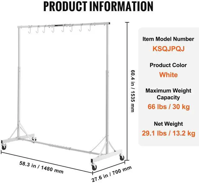 Alt view image 7 of 7 - Painting Rack, 5 ft-7 ft Adjustable Height, 66 lbs Capacity Automotive Paint Rack Stand, 8 Hooks Painting Drying Rack with 4 Swiveling Wheels, Auto Body Stand for Auto Repair Shops & Garage