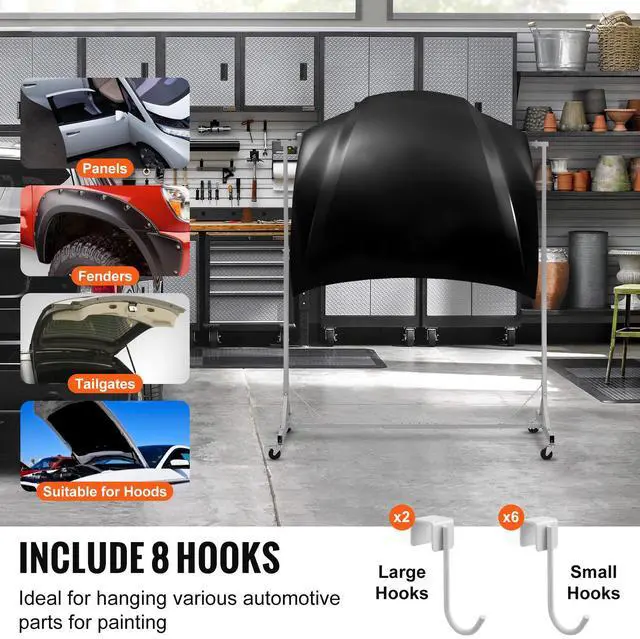 Alt view image 2 of 7 - Painting Rack, 5 ft-7 ft Adjustable Height, 66 lbs Capacity Automotive Paint Rack Stand, 8 Hooks Painting Drying Rack with 4 Swiveling Wheels, Auto Body Stand for Auto Repair Shops & Garage