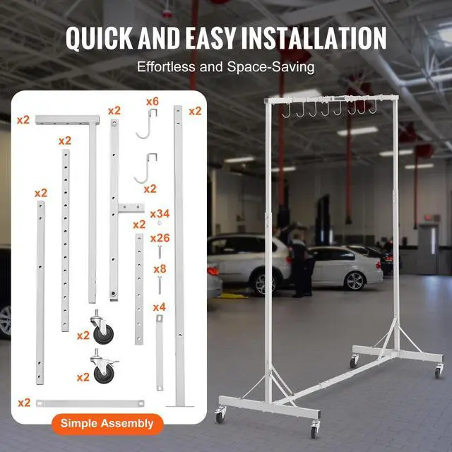Alt view image 6 of 7 - Painting Rack, 5 ft-7 ft Adjustable Height, 66 lbs Capacity Automotive Paint Rack Stand, 8 Hooks Painting Drying Rack with 4 Swiveling Wheels, Auto Body Stand for Auto Repair Shops & Garage