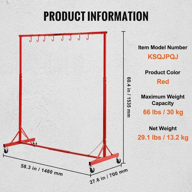 Alt view image 7 of 7 - Painting Rack, 1500 -2000 mm Adjustable Height, 66 lbs Capacity Automotive Paint Rack Stand, 8 Hooks Painting Drying Rack with 4 Swiveling Wheels, Auto Body Stand for Auto Repair Shops & Garage