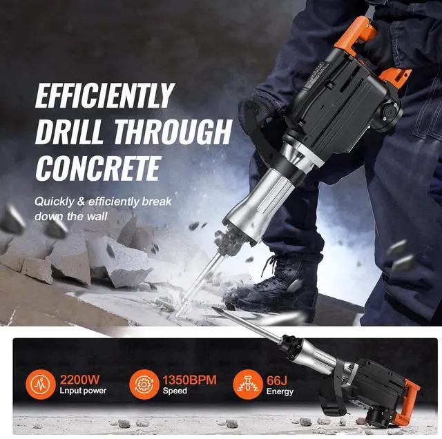Alt view image 2 of 7 - Demolition Jack Hammer, 1350 BPM Concrete Breaker 6pcs Chisels Bit Chipping with Case, 2200W Electric Jackhammer Heavy Duty, Black