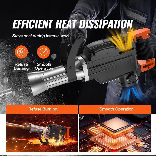 Alt view image 4 of 7 - Demolition Jack Hammer, 1350 BPM Concrete Breaker 6pcs Chisels Bit Chipping with Case, 2200W Electric Jackhammer Heavy Duty, Black