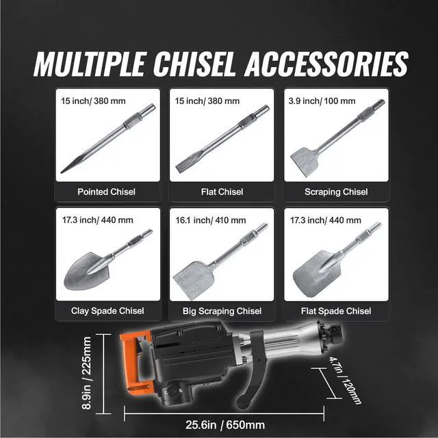 Alt view image 7 of 7 - Demolition Jack Hammer, 1350 BPM Concrete Breaker 6pcs Chisels Bit Chipping with Case, 2200W Electric Jackhammer Heavy Duty, Black