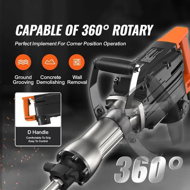 Alt view image 6 of 7 - Demolition Jack Hammer, 1350 BPM Concrete Breaker 6pcs Chisels Bit Chipping with Case, 2200W Electric Jackhammer Heavy Duty, Black