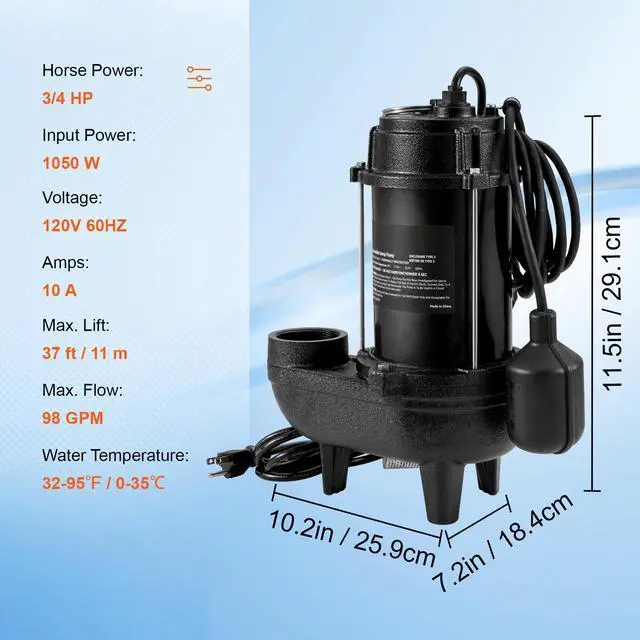 Alt view image 7 of 7 - Submersible Sewage Pump, 3/4 HP, 5880 GPH, 1050W, Durable Cast Iron, Includes 2" Outlet and 10 ft Piggy-back Float Switch, Ideal for Septic Tanks, Basements