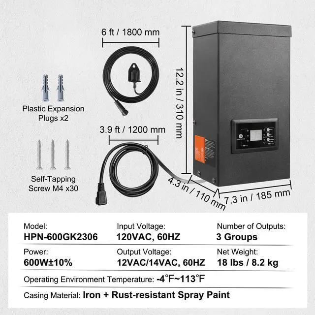 Alt view image 7 of 7 - 600W Landscape Transformer, Timer & Photocell Sensor Equipped, Weatherproof Outdoor Lighting Converter, 120V AC to 12V/14V AC, Ideal for Exterior, Spotlight, Pathway, Pool Lighting, ETL Certi
