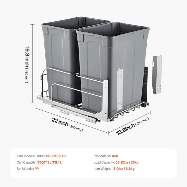 Alt view image 14 of 14 - Double Pullout Waste Container Kitchen Trash Can with Soft Close Grey 35QTx2