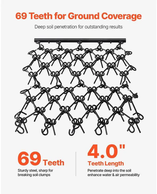 Alt view image 3 of 7 - Drag Harrow, 4 x 4 ft Durable Chain Harrow with 69 Sharp Teeth, Suitable for ATV UTV Tractor, Ideal for Soil Preparation, Seeding, Smoothing Landscapes, and Yard Gravel Driveway Maintenance