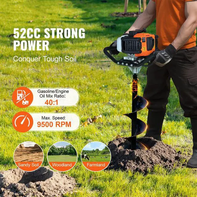 Alt view image 2 of 7 - Post Hole Digger Gas Powered, 52CC 1450W Earth Auger, Gas Auger with 8 Auger Drill Action Design Bits & 1 Extension Rod, Post Fence Hole Digger for Farmland Garden Plant, Orange+Black