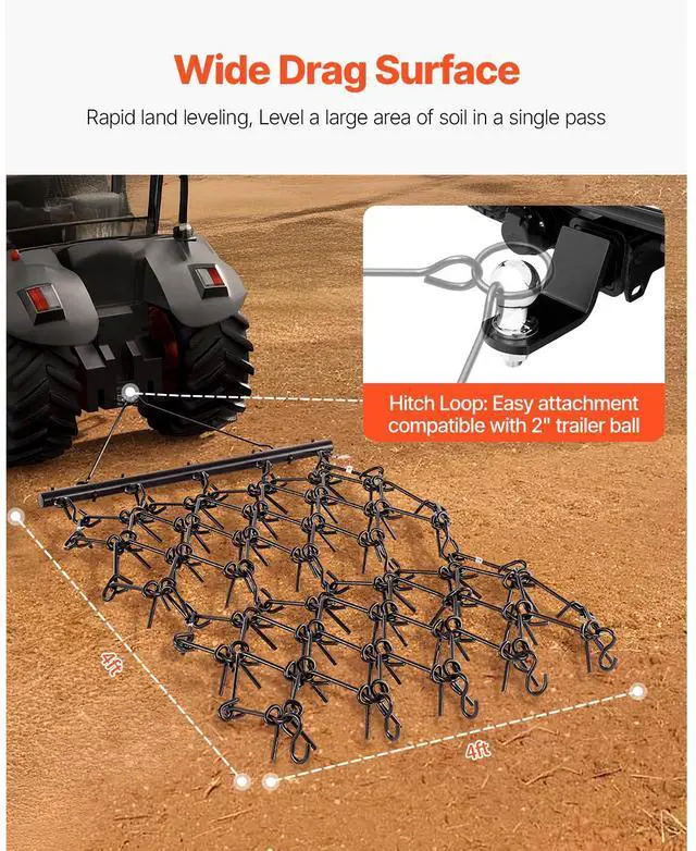 Alt view image 4 of 7 - Drag Harrow, 4 x 4 ft Durable Chain Harrow with 69 Sharp Teeth, Suitable for ATV UTV Tractor, Ideal for Soil Preparation, Seeding, Smoothing Landscapes, and Yard Gravel Driveway Maintenance
