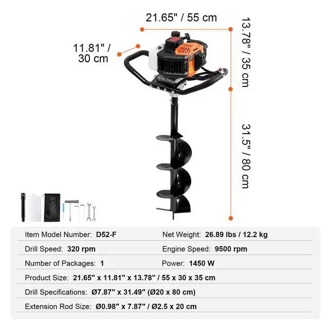 Alt view image 7 of 7 - Post Hole Digger Gas Powered, 52CC 1450W Earth Auger, Gas Auger with 8 Auger Drill Action Design Bits & 1 Extension Rod, Post Fence Hole Digger for Farmland Garden Plant, Orange+Black