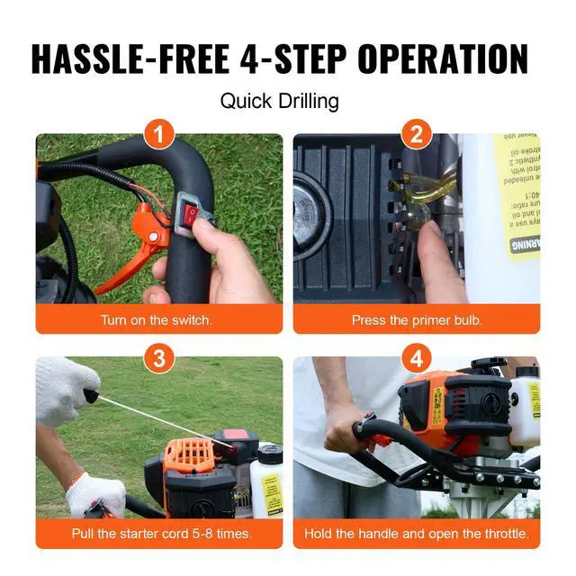 Alt view image 6 of 7 - Post Hole Digger Gas Powered, 52CC 1450W Earth Auger, Gas Auger with 8 Auger Drill Action Design Bits & 1 Extension Rod, Post Fence Hole Digger for Farmland Garden Plant, Orange+Black