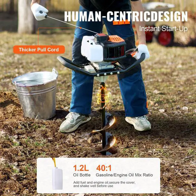 Alt view image 5 of 7 - Post Hole Digger Gas Powered, 52CC 1450W Earth Auger, Gas Auger with 8 Auger Drill Action Design Bits & 1 Extension Rod, Post Fence Hole Digger for Farmland Garden Plant, Orange+Black