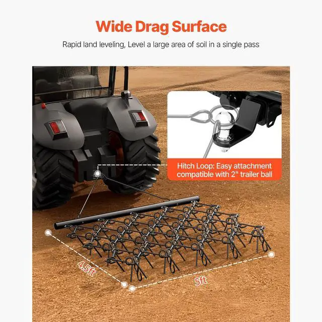 Alt view image 4 of 7 - Drag Harrow, 5 x 4.5 ft Durable Chain Harrow with 60 Sharp Teeth, Suitable for ATV UTV Tractor, Ideal for Soil Preparation, Seeding, Smoothing Landscapes, and Yard Gravel Driveway Maintenance