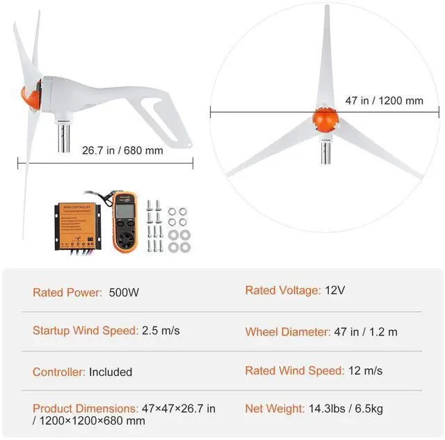 Alt view image 7 of 7 - 500W Wind Turbine Generator with Anemometer, 12V Wind Turbine Kit, 3-Blade Wind Power Generator, MPPT Controller & Adjustable Windward Direction, Suitable for Home, Farm, RVs, Boats