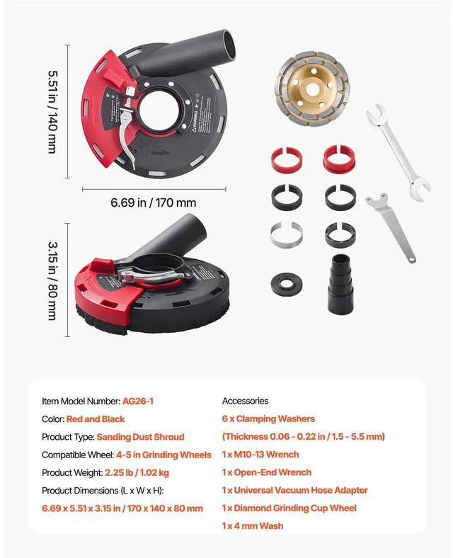 Alt view image 7 of 7 - VEVOR Angle Grinder Dust Shroud 4-5 in 6 Clamping Washers & 5 in Grinding Wheel