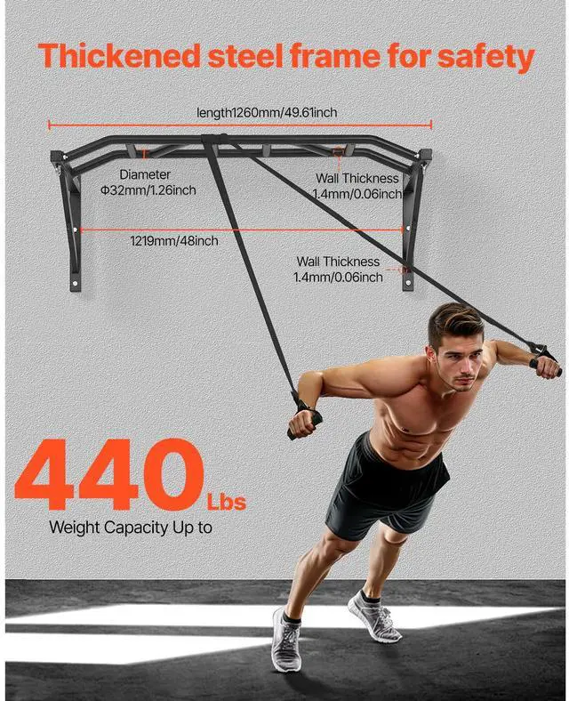 Alt view image 2 of 7 - Pull Up Bar, Multi-Grip Wall Mounted Pull Ups, 50 in Width Multifunctional Chin Up Training Station, Heavy Duty Steel Upper Body Workout Bars with Hangers, 440 lbs Weight Capacity, for Home Gym
